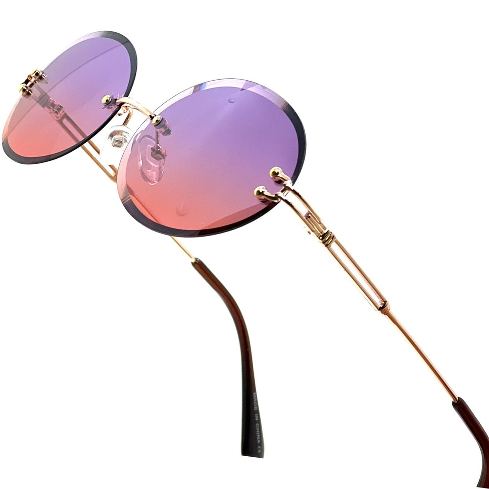 Sunglasses Purple Orange Gradient Lens Gold Frame Fashion Diamond Cut Trendy New